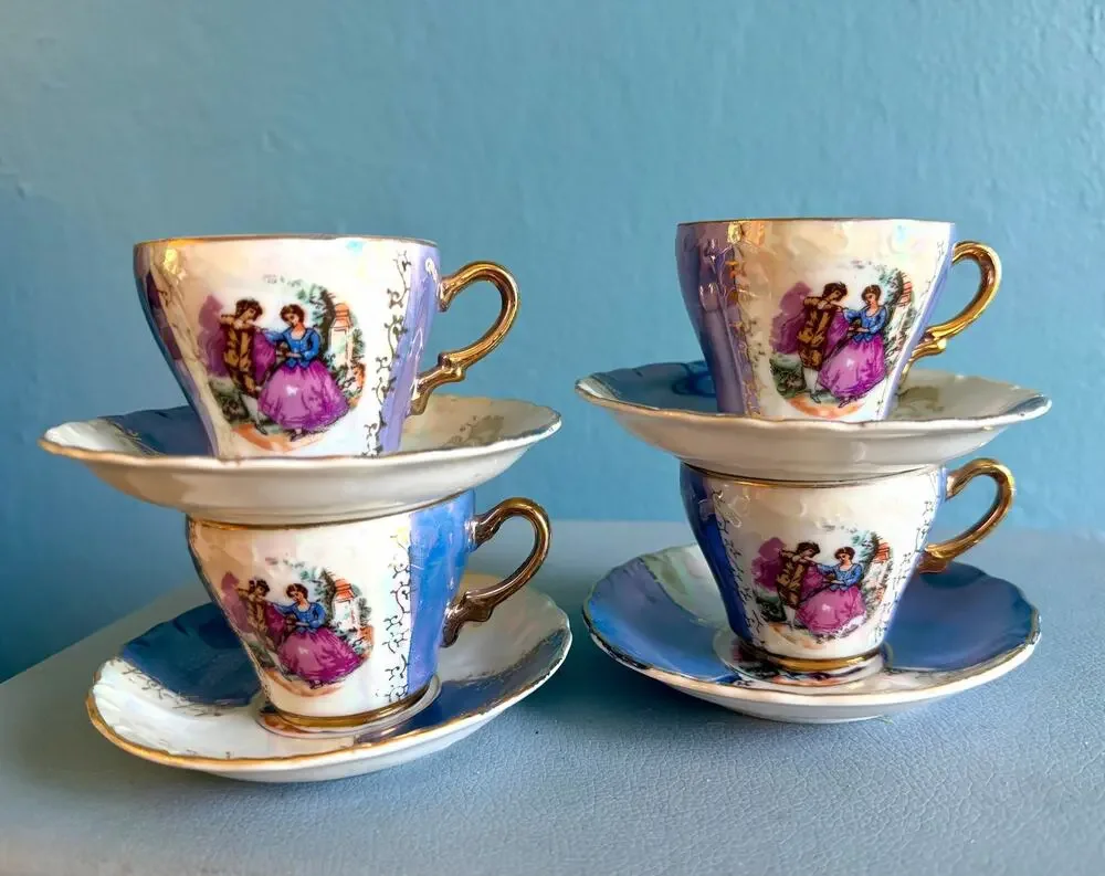 Set 4 Vintage Japan Lusterware Fragonard Demitasse Cups Saucers Purple Gold